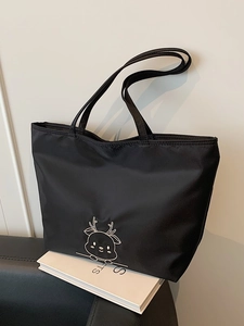 Large Black Nylon Tote Bag With Cartoon Deer Embroidery Minimalist College Style Shoulder Handbag For School Daily Use