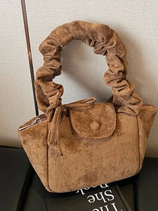 Women Fashion Suede Shoulder Bag With Pleated Scrunchie Handle Retro Bucket Handbag Minimalist Solid Color Casual Daily Tote