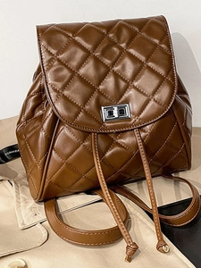 Women Fashion Quilted Backpack PU Leather Rhombus Pattern School Bag With Lock Drawstring Casual Travel Daypack For Ladies