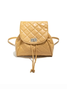 Quilted faux leather mini backpack for women in camel with silver twist lock and drawstring
