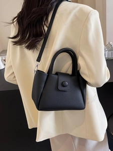 Classic black litchi pattern leather handbag and crossbody bucket bag for women