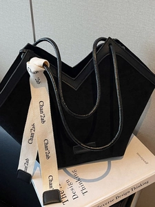 Vintage Frosted PU Leather Tote Bag Large Capacity Casual Shoulder Bag With Decorative Ribbon V-Neck Opening For Women