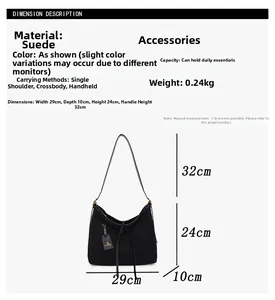 Size specifications for black faux suede tote bag with dimensions and handle drop details