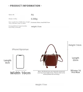 Detailed size chart showing dark brown woven bucket bag dimensions and phone comparison