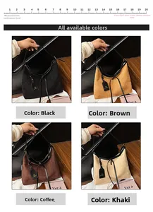 Detail view showing suede tote bag color options in black, brown, coffee and khaki
