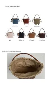 Detail of woven bucket bag featuring drawstring closure and inner lining with zip pocket