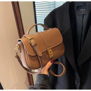 Detail view of vintage brown leather handbag with gold square lock and lychee texture