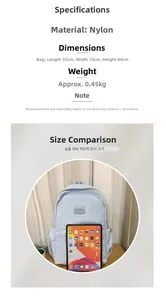 Detailed view of light blue nylon backpack showing dimensions 33x18x44cm and 0.45kg weight