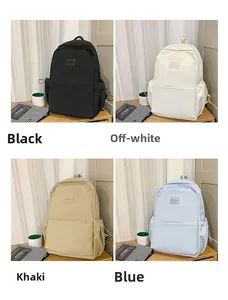 Comparison of four stylish backpacks in black, off-white, khaki, and light blue colors