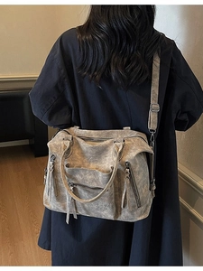 Retro taupe large capacity shoulder tote bag with vintage PU leather and fringe detail