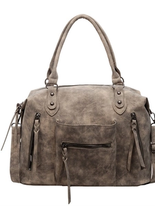 Vintage gray large capacity tote bag with woven tassels and versatile shoulder strap