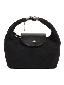 Minimalist black crossbody dumpling bag with suede texture and leather handle