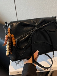 Fashion Pleated Bow Crossbody Bag Women Polyester Chain Shoulder Bag With Beaded Charm Elegant Versatile Messenger Bag
