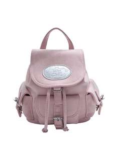Sac à dos rose minimaliste multi-poches avec texture en daim et plaque métallique
