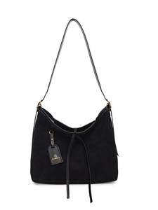 Large black faux suede tote bag with half-moon shape and decorative drawstring detail