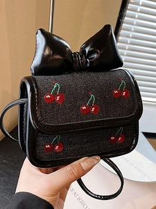 Women Vintage Mini Denim PU Crossbody Bag Cute Cherry Embroidery Bowknot Small Square Lipstick Bag Sweet Fashion Shoulder Bag