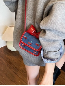 Mini denim crossbody bag with red bow and cherry embroidery for girls and women