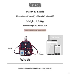 Πίνακας μεγεθών για μίνι καρό σακίδιο 21x17x8cm σε σύγκριση με iPad και τηλέφωνο