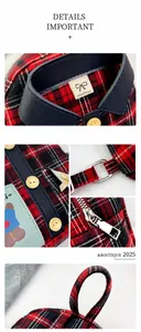 Detail of red and blue plaid backpack with handmade label, bear patch and metal buckle