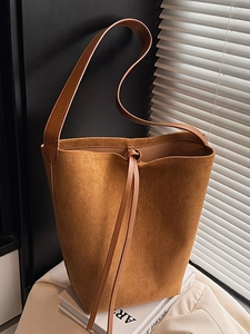 Women Retro Suede PU Leather Shoulder Bucket Bag Large Capacity Minimalist Solid Color Tote Handbag For Daily Commute