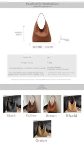 Size chart showing height 32cm, width 38cm, and colors for woven PU leather hobo bag