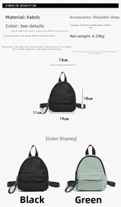 Detailed size chart and specifications for the multifunctional mini nylon backpack