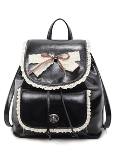 Fashionable black faux leather backpack with white lace trim and brown plaid bow detail