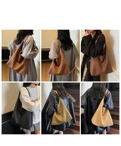 Collage showing oversized woven tote bag in five colors worn by a model in lifestyle setting