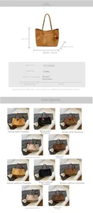 Detailed size chart and multi-color flat lay of the large capacity PU suede tote bag