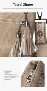 Detailed close-up of zipper with tassel decor and patterned wide strap on canvas bag