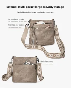 Detail view of khaki canvas shoulder bag with multiple zip pockets and tribal strap