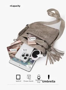 Detail of cross-body bag showing large capacity with iPad, phone and tassel accents