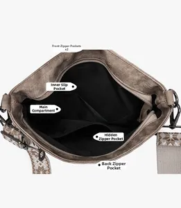 Internal structure of coffee canvas crossbody bag showing multiple pockets and tassel detail