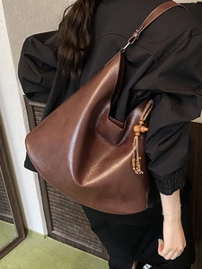Vintage dark brown large hobo shoulder bag with wooden bead charm for women