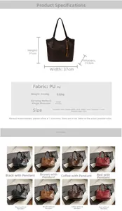 Detailed chart showing PU tote bag dimensions, weight, and available color options