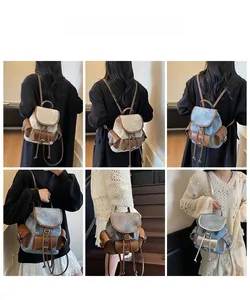 Collage of vintage multi-color backpack models in ivory white and denim blue styles