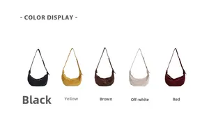 Color display of corduroy crescent crossbody bags in black, yellow, brown, beige, and red