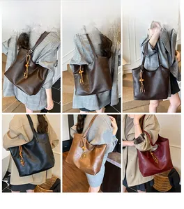 Collage of four vintage oversized tote bags with wooden bead tassels and faux leather texture