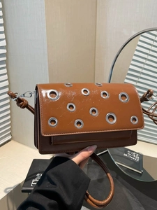 Modern PU Leather Women Crossbody Bag Metallic Grommets Small Square Bag Flap Cover Versatile Stylish Single Shoulder Handbag
