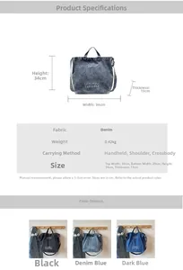 Size chart showing denim tote bag dimensions 34x36x13cm and various color options