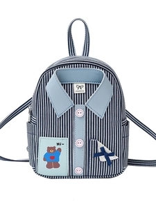 Μίνι σακίδιο πλάτης preppy στυλ με ρίγες, μπλε κολάρο, ροζ κουμπιά και σήμα αρκουδάκι