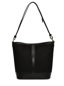 Minimalist black suede bucket bag with adjustable leather strap and gold hardware accents