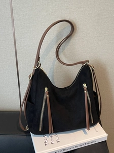 Retro black suede tote bag with contrast brown straps and gold zipper details