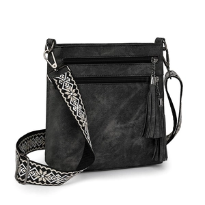 Close-up of black crossbody bag with multi-zipper pockets and patterned wide strap