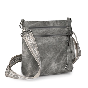Close-up of grey textured crossbody bag featuring dual zippers and woven wide strap