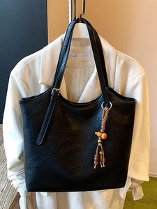 Large Capacity PU Leather Tote Bag Vintage Shoulder Bag With Wood Bead Tassel Charm Fashion Commuting Handbag For Women