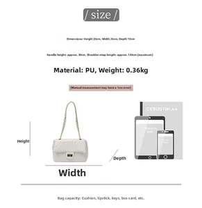 Detailed size guide of white quilted chain bag showing dimensions and capacity scale
