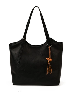 Minimalist black tote bag with vintage matte texture and wooden bead tassel accessory