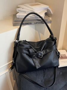 Chic black litchi leather tote bag with buckle detail and detachable shoulder strap