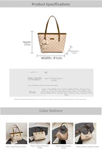Size chart and technical specifications for the plaid PU leather tote and shoulder bag